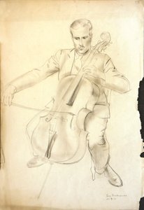 Portrait of Arthur Kemp playing the cello, 1935